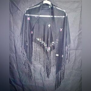 Black Floral Fringe Shawl